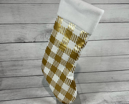 Gold and White Houndstooth Stocking - Christmas Shiny - All is Bright - Alternative Colors - Gold Christmas - Holiday - Gift