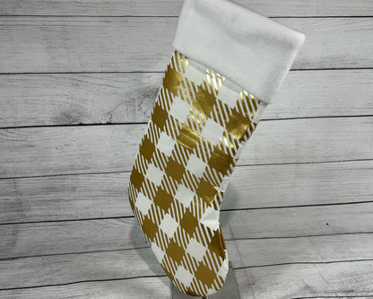 Gold and White Houndstooth Stocking - Christmas Shiny - All is Bright - Alternative Colors - Gold Christmas - Holiday - Gift