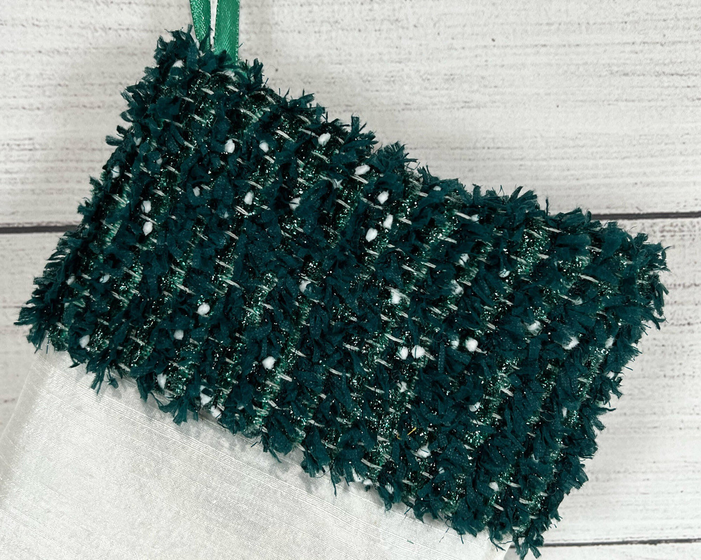 ONE OF A KIND Premium Linton Green with White Flecks Tweed and White Taffeta Stocking - Shiny - Green Christmas - Holiday - Gift