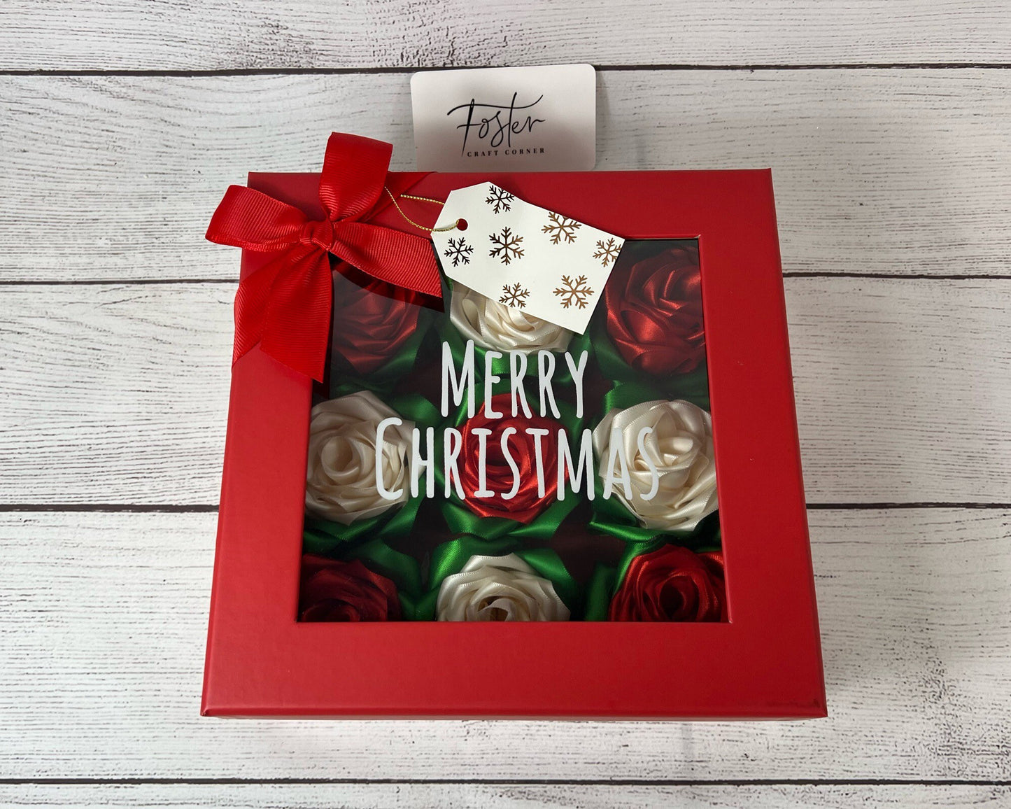 Christmas Rose Box - Gift - Christmas Decorations - Merry Christmas - Present - Unique - Handmade Ribbon Roses - White and Red Roses - Party