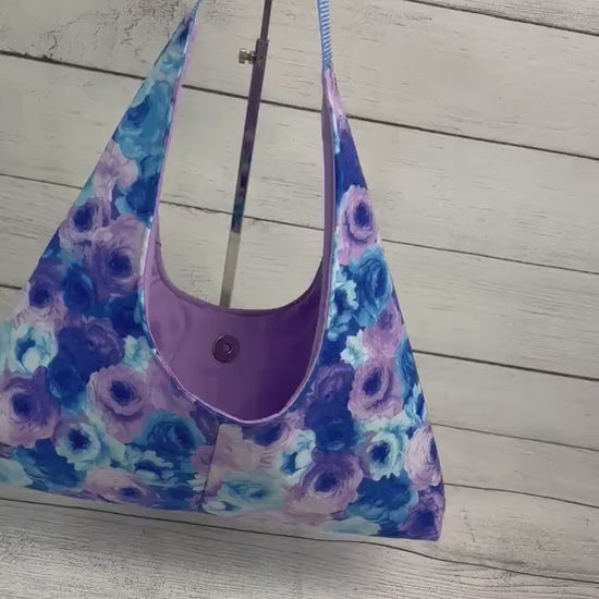 Blue and Purple Watercolor Small Hobo Shoulder Bag - Handmade Handbag - Unique - Cool Hobo - Fun Tote - Small Hobo - Shoulder Bag - 90s Vibe