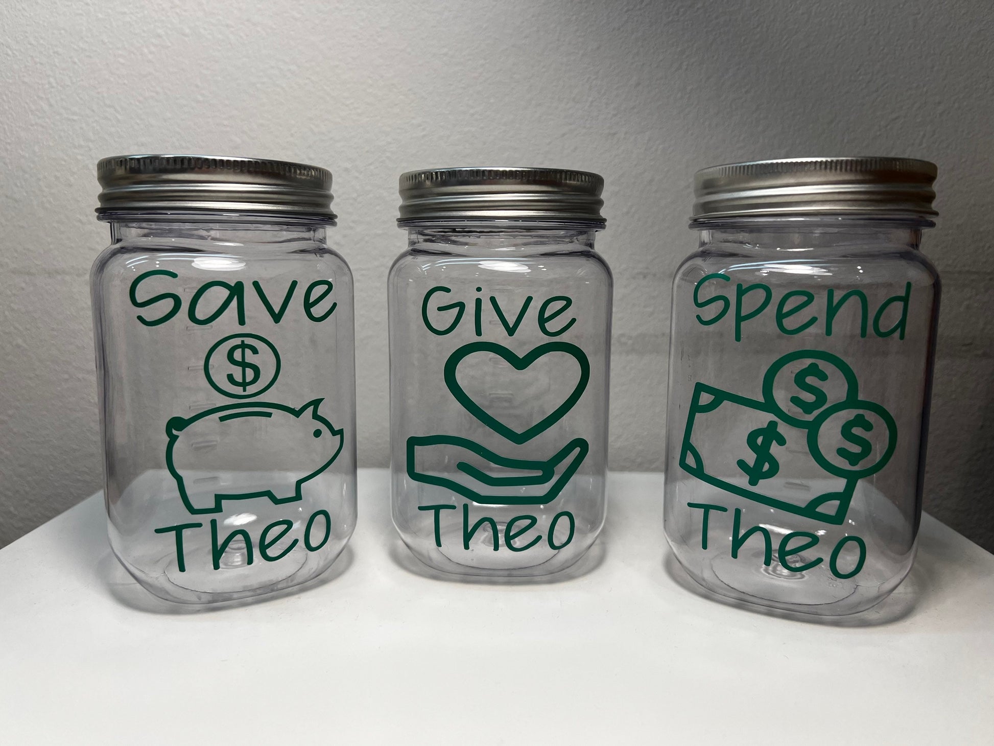 LARGE VINYL ONLY Set of 3 Save, Give and Spend - Give Jar - Money - Lesson - Kids - Teaching - Personalized - Money Bucket - Philosophy