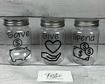 LARGE VINYL ONLY Set of 3 Save, Give and Spend - Give Jar - Money - Lesson - Kids - Teaching - Personalized - Money Bucket - Philosophy
