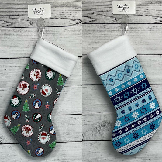 DOUBLE SIDED STOCKING Santa and Reindeer and Star of David Sweater Pattern Stocking - Alternative Holiday Decor - Christmakkah - Holiday