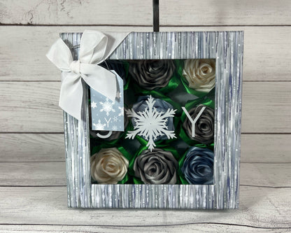 Christmas Rose Box - Gift - Christmas Decorations - Merry Christmas - Present - Unique - Handmade Ribbon Roses - White, Blue, Silver Roses